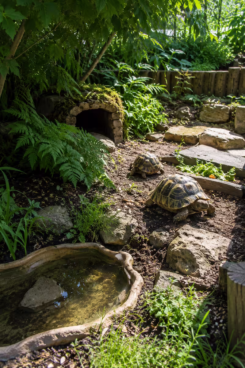 naturnahes Schildkrötengehege mit Schattenpflanzen, Versteck, Wasserstelle und sonnigem Bereich