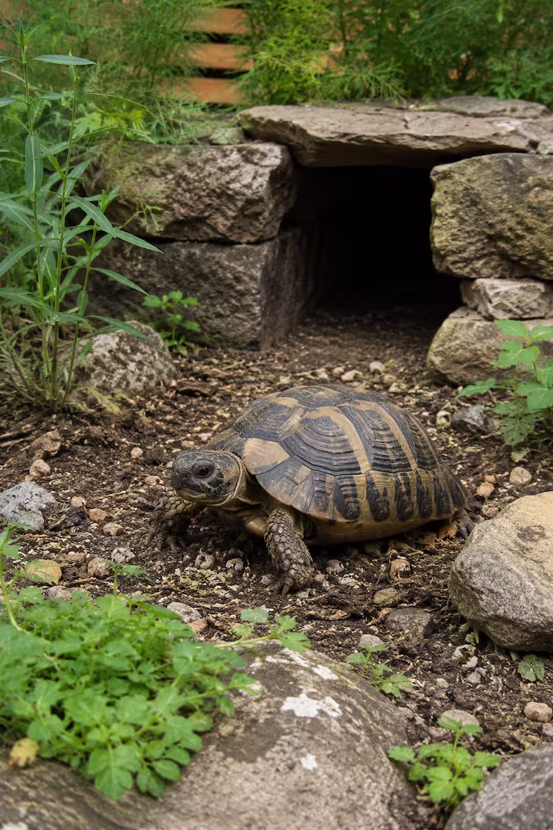 reale Schildkröte in einem naturnahen Außengehege mit Steinen, Erde, niedrigen Pflanzen und einem gut sichtbaren Versteck