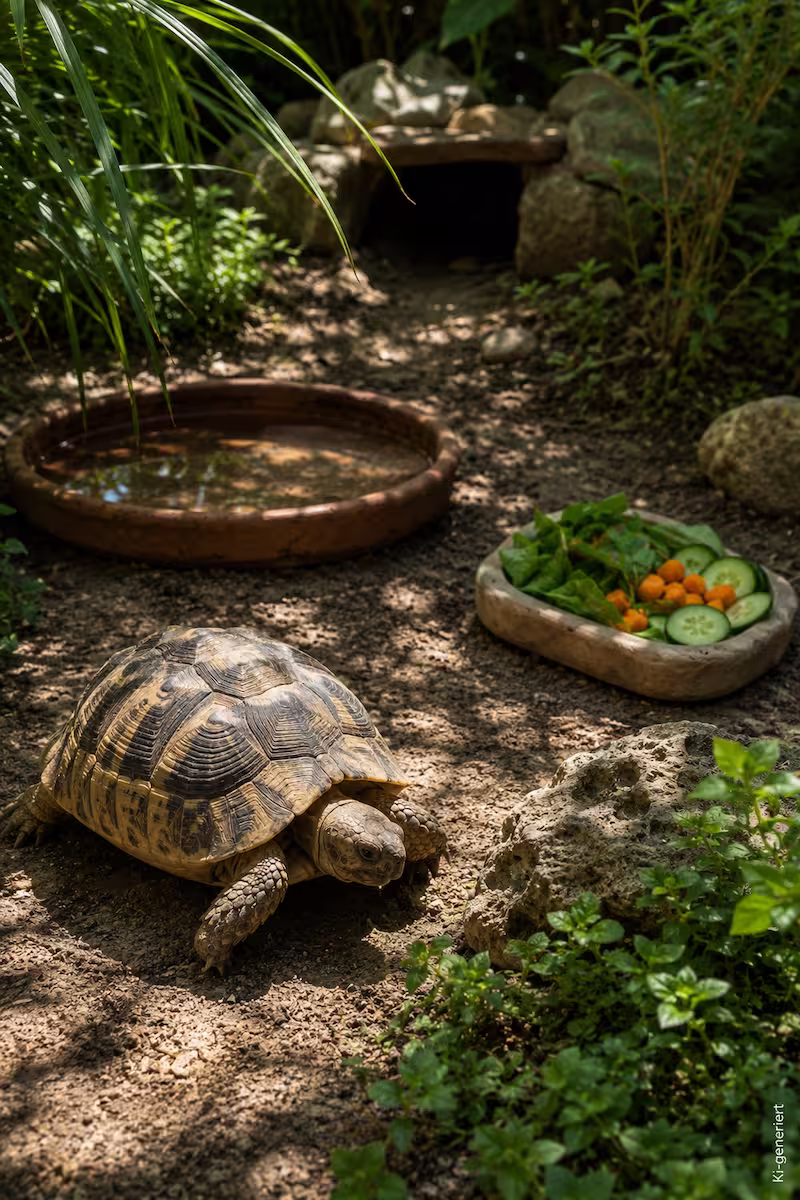 natürliches Schildkröten-Außengehege mit flacher Wasserschale, Futterbereich mit Abstand, Schatten durch Pflanzen, Schildkröte im Vordergrund