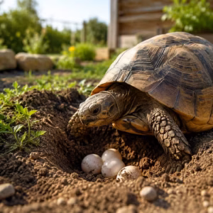 Woran erkennst Du die Eiablage der Landschildkröte? 5 Eiablage der Landschildkröte im naturnahen Außengehege: Weibliche Landschildkröte gräbt ein Nest in lockerer Erde, während mehrere Eier im vorbereiteten Ablagebereich sichtbar sind.