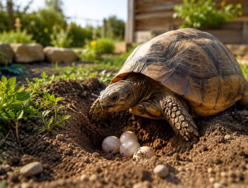 Woran erkennst Du die Eiablage der Landschildkröte? 36 Eiablage der Landschildkröte im naturnahen Außengehege: Weibliche Landschildkröte gräbt ein Nest in lockerer Erde, während mehrere Eier im vorbereiteten Ablagebereich sichtbar sind.