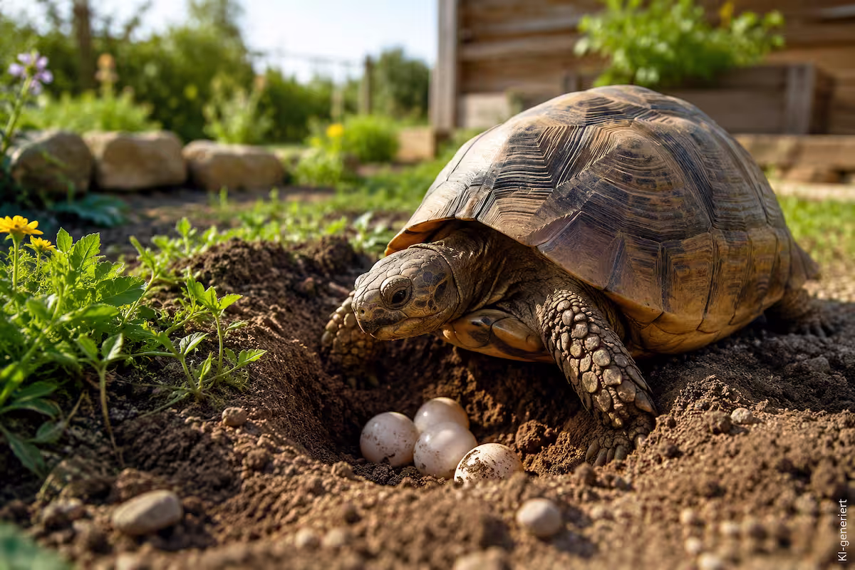 Woran erkennst Du die Eiablage der Landschildkröte? 2 Eiablage der Landschildkröte im naturnahen Außengehege: Weibliche Landschildkröte gräbt ein Nest in lockerer Erde, während mehrere Eier im vorbereiteten Ablagebereich sichtbar sind.