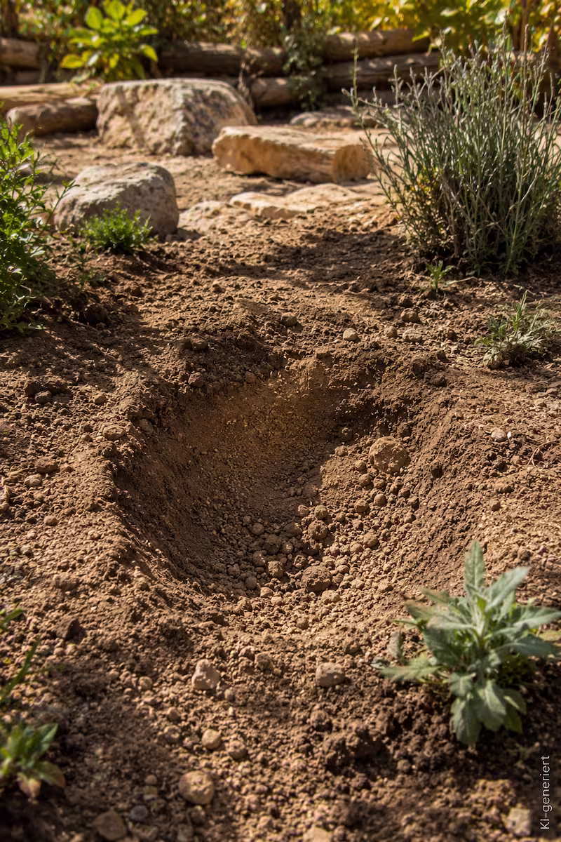 Eiablagebereich Natürlicher Eiablagebereich im Schildkrötengehege mit lockerer Erde, sonniger Lage und kleinen Pflanzen, Fokus auf grabfähigen Boden