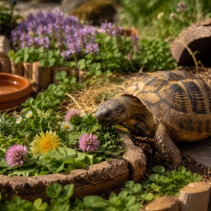 Futterecke für Schildkröten anlegen: So wächst Futter im Gehege 5 Futterplatz für Schildkröte in einem naturnahen Außengehege mit Löwenzahn, Klee, Wildkräutern, flacher Futterschale, Natursteinen und einer Landschildkröte beim Fressen in sonniger Gartenumgebung.