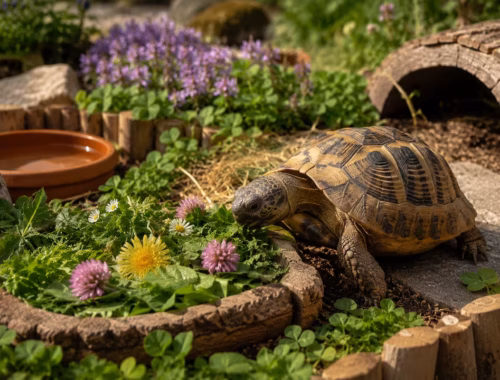 Futterplatz für Schildkröte in einem naturnahen Außengehege mit Löwenzahn, Klee, Wildkräutern, flacher Futterschale, Natursteinen und einer Landschildkröte beim Fressen in sonniger Gartenumgebung.