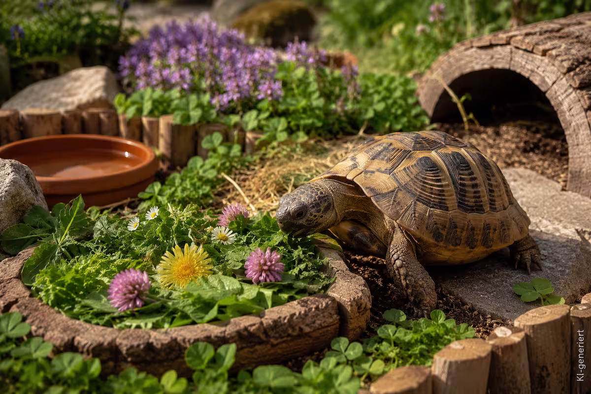Futterplatz für Schildkröte in einem naturnahen Außengehege mit Löwenzahn, Klee, Wildkräutern, flacher Futterschale, Natursteinen und einer Landschildkröte beim Fressen in sonniger Gartenumgebung.