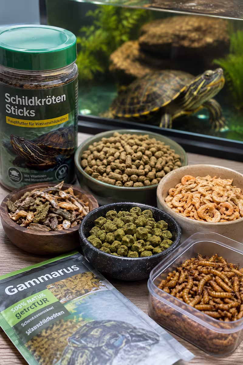 Nahaufnahme verschiedener Futtersorten für Wasserschildkröten auf einem Tisch neben einem Aquarium