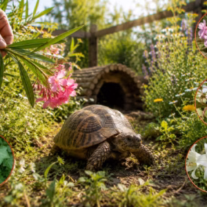 Giftige Pflanzen für Schildkröten im naturnahen Außengehege: Landschildkröte zwischen Wildkräutern, während ein Halter Oleander und andere gefährliche Gartenpflanzen kontrolliert.