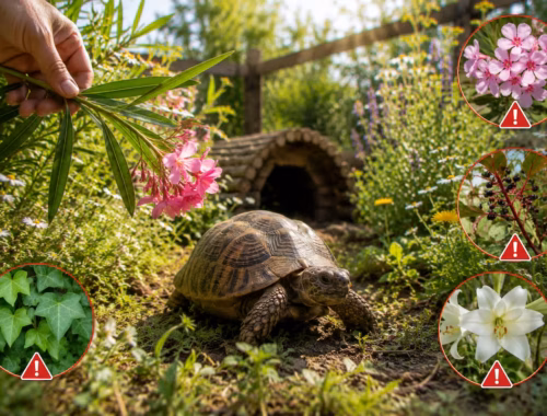 Giftige Pflanzen für Schildkröten im naturnahen Außengehege: Landschildkröte zwischen Wildkräutern, während ein Halter Oleander und andere gefährliche Gartenpflanzen kontrolliert.