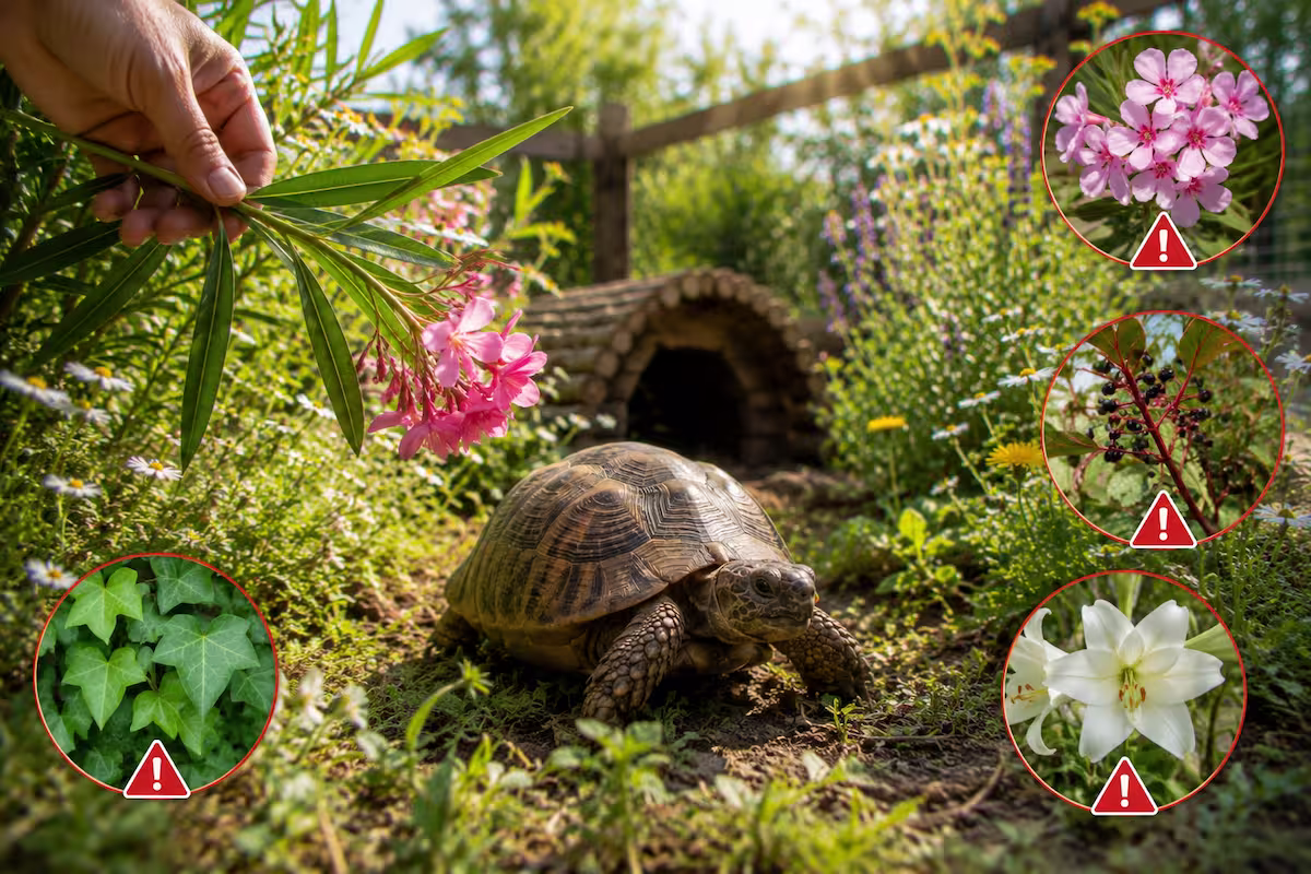 Giftige Pflanzen für Schildkröten im naturnahen Außengehege: Landschildkröte zwischen Wildkräutern, während ein Halter Oleander und andere gefährliche Gartenpflanzen kontrolliert.