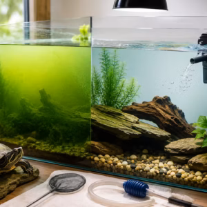 Grünes Aquariumwasser in einem Wasserschildkröten-Aquarium im Vorher-Nachher-Vergleich: links stark veralgtes grünes Wasser, rechts klares Wasser mit Filter, Wasserpflanzen und Sonnenplatz für die Schildkröte.