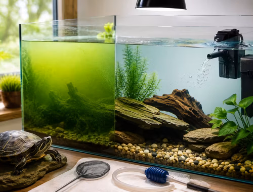 Grünes Aquariumwasser: Was gegen Algen wirklich hilft 24 Grünes Aquariumwasser in einem Wasserschildkröten-Aquarium im Vorher-Nachher-Vergleich: links stark veralgtes grünes Wasser, rechts klares Wasser mit Filter, Wasserpflanzen und Sonnenplatz für die Schildkröte.