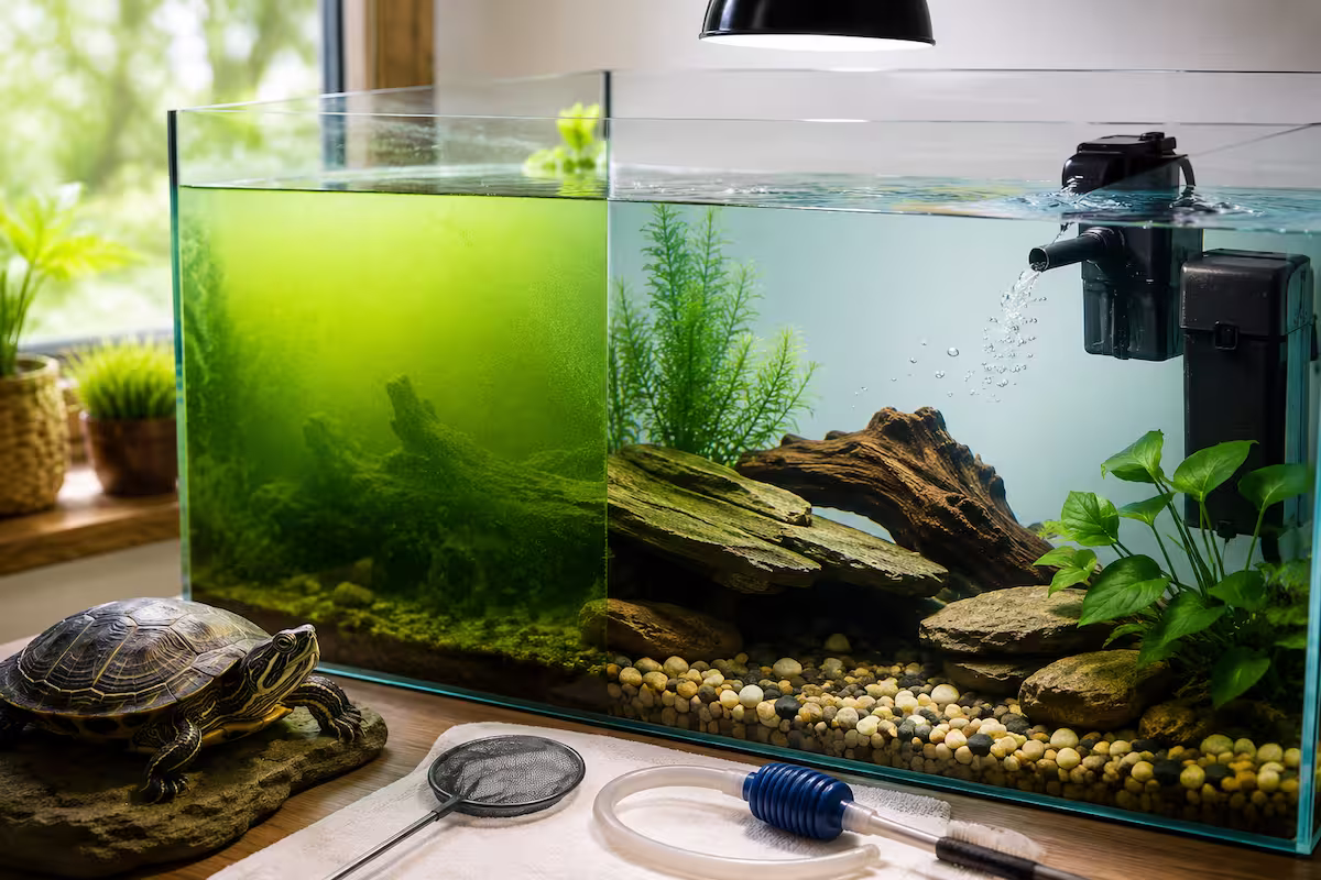 Grünes Aquariumwasser in einem Wasserschildkröten-Aquarium im Vorher-Nachher-Vergleich: links stark veralgtes grünes Wasser, rechts klares Wasser mit Filter, Wasserpflanzen und Sonnenplatz für die Schildkröte.