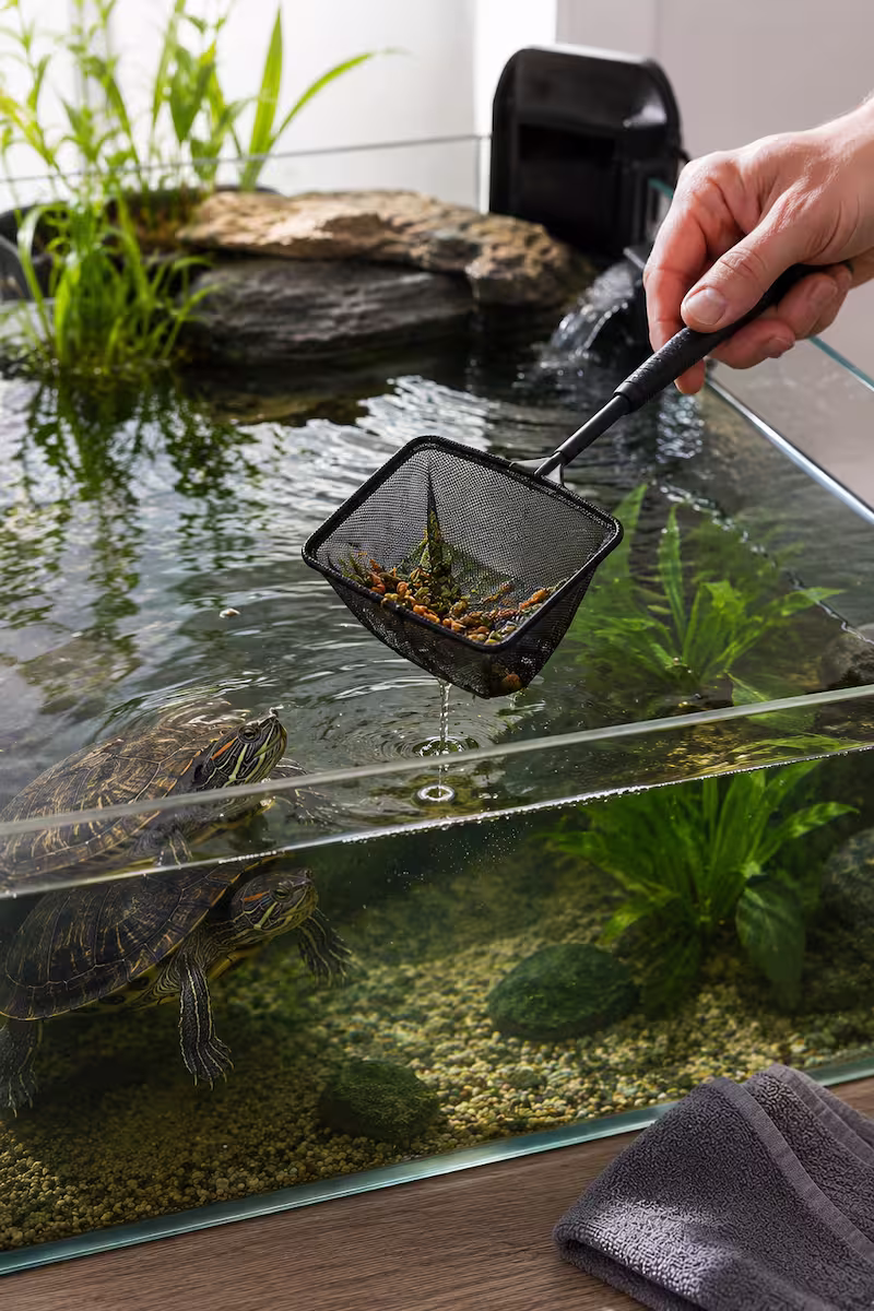 Halter entfernt Futterreste mit Netz aus einem Schildkrötenaquarium