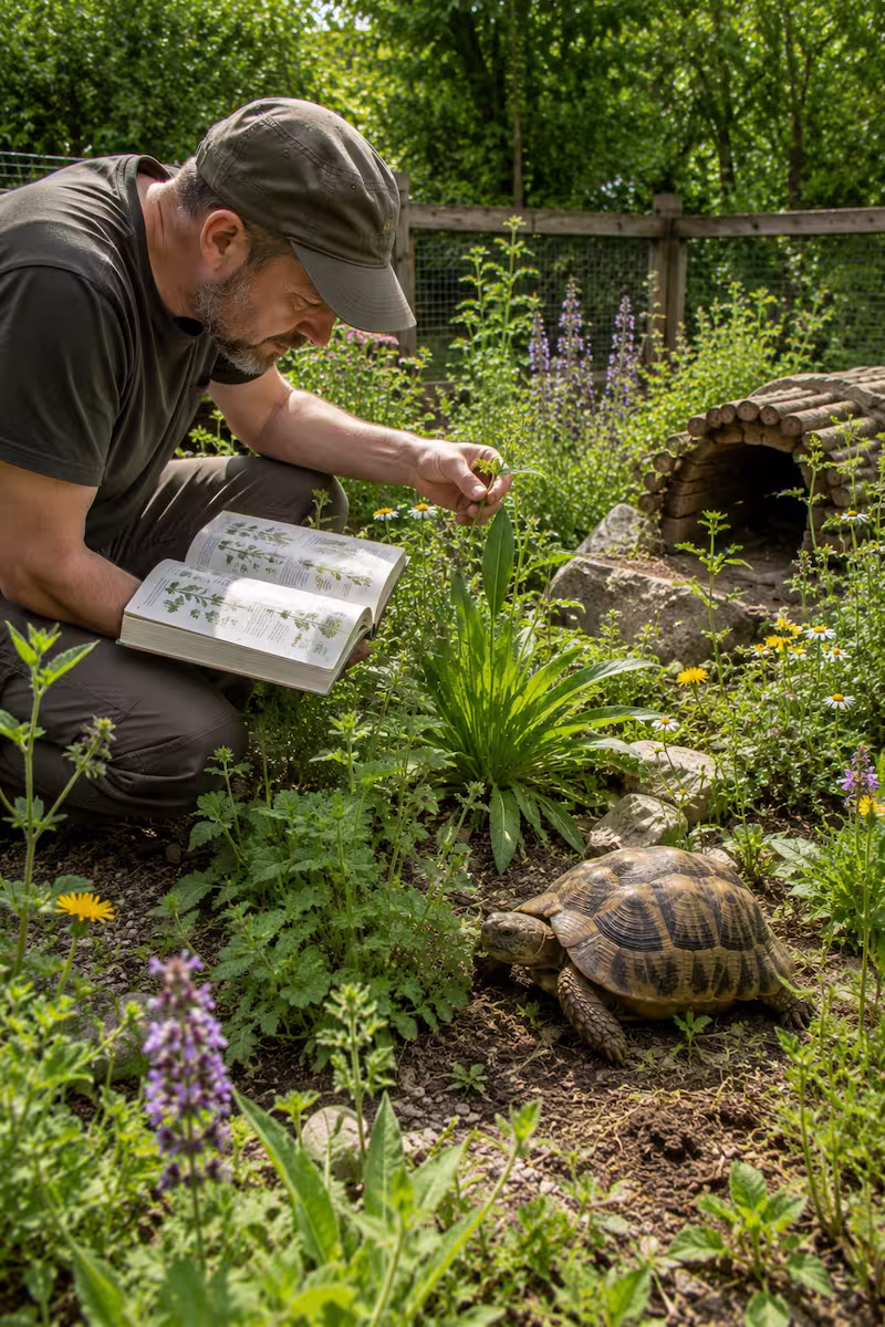 Halter kontrolliert Pflanzen im Schildkrötengehege mit Bestimmungsbuch