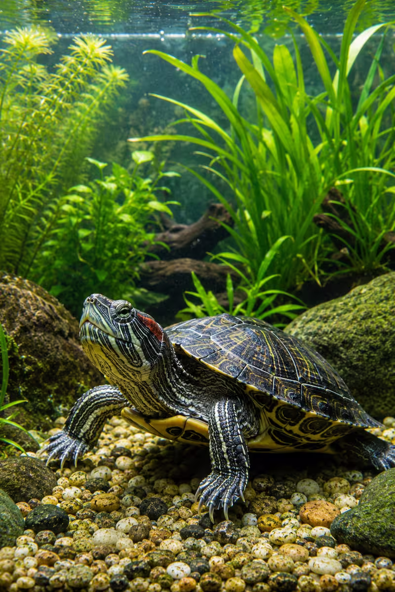 Klarer Aquarienbereich Klarer Aquarienbereich mit Wasserpflanzen und Wasserschildkröte im Vordergrund