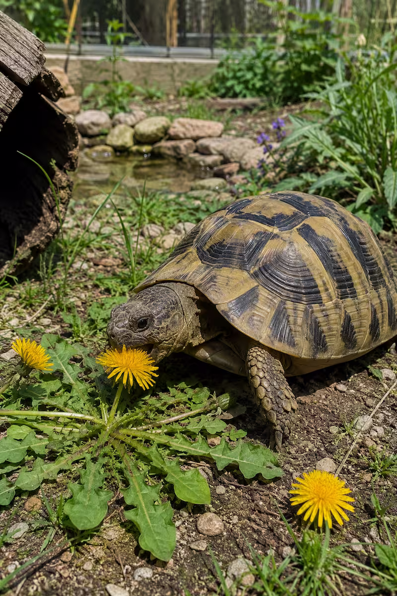 Landschildkröte frisst Löwenzahn in einem naturnahen Außengehege