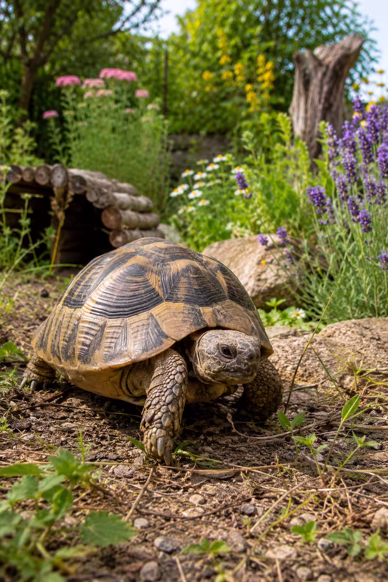 Landschildkröte läuft durch ein naturnah bepflanztes Freigehege, Gartenpflanzen im Hintergrund