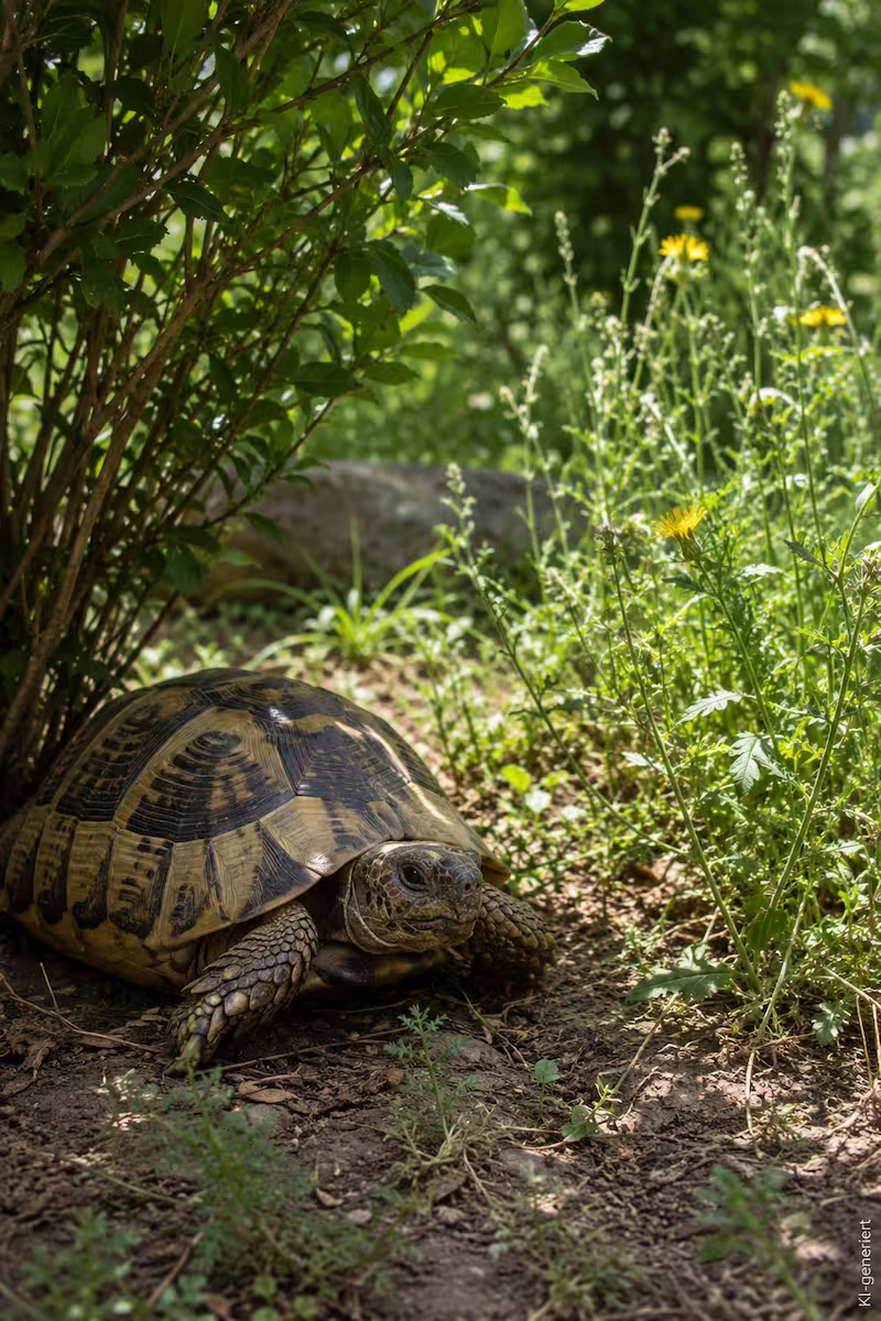 Landschildkröte sitzt an einem warmen Sommertag im Schatten eines Busches neben Wildkräutern, natürliches Freigehege