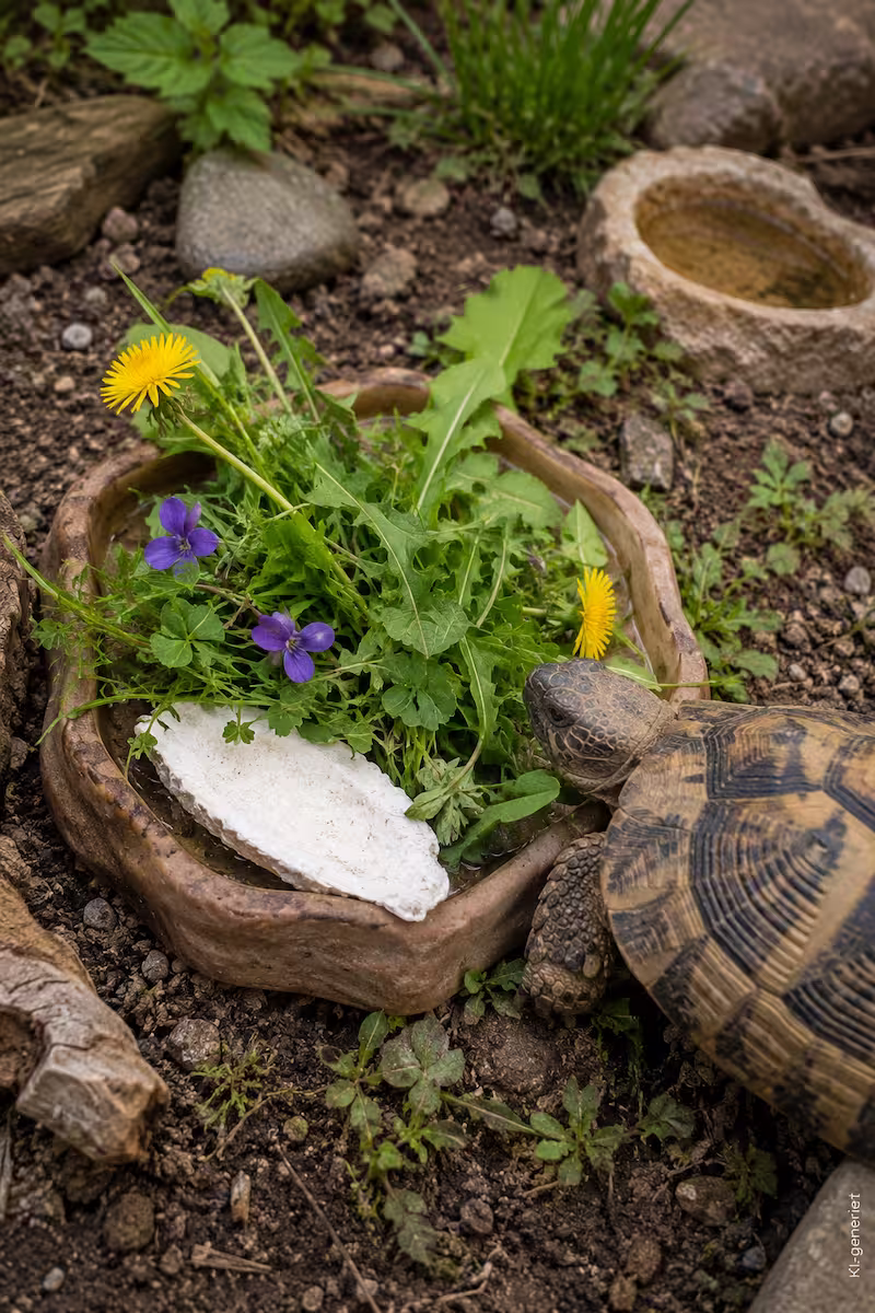 Nahaufnahme einer natürlichen Futterecke im Schildkrötengehege Nahaufnahme einer natürlichen Futterecke im Schildkrötengehege mit flacher Futterschale, Sepiaschale, Wildkräutern, kleinen Steinen und lockerer Erde, Schildkröte am Rand sichtbar