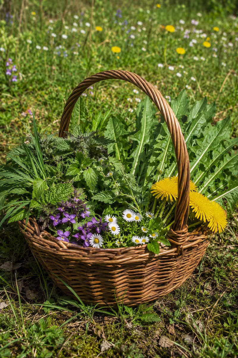Sammelkorb mit verschiedenen Wildkräutern auf einer naturbelassenen Wiese