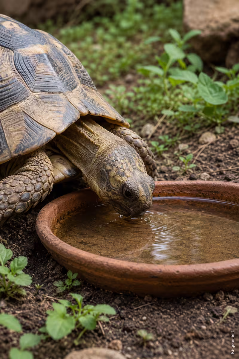 Nahaufnahme einer Schildkröte an einer flachen Tonschale im naturnahen Außengehege, Erde, niedrige Pflanzen, sauberes Wasser