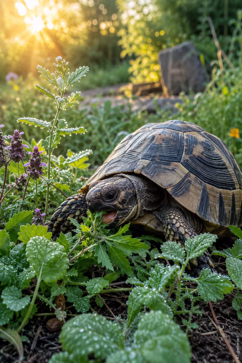 Schildkröte frisst frische Wildkräuter am frühen Morgen, Tau auf den Pflanzen, natürliche Gartenumgebung