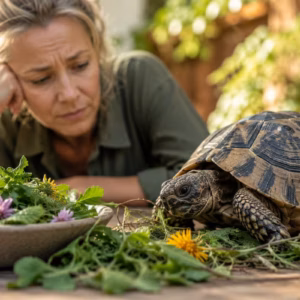 Warum Deine Schildkröte weniger frisst und was dahinterstecken kann 5 Schildkröte frisst deutlich weniger als gewohnt und sitzt vor frischen Wildkräutern, während eine Halterin das Fressverhalten aufmerksam beobachtet. Natürliche Gartenumgebung mit warmem Tageslicht und Fokus auf mögliche Ursachen für Appetitlosigkeit bei Landschildkröten.