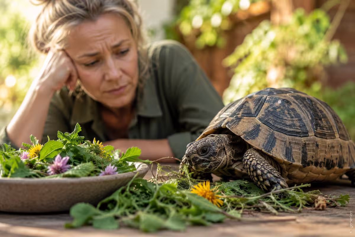 Schildkröte frisst deutlich weniger als gewohnt und sitzt vor frischen Wildkräutern, während eine Halterin das Fressverhalten aufmerksam beobachtet. Natürliche Gartenumgebung mit warmem Tageslicht und Fokus auf mögliche Ursachen für Appetitlosigkeit bei Landschildkröten.