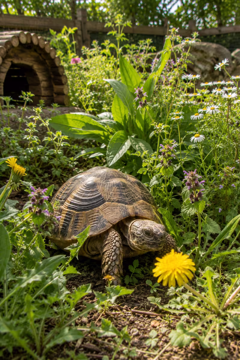 Schildkröte zwischen sicheren Wildkräutern in einem sonnigen Außengehege