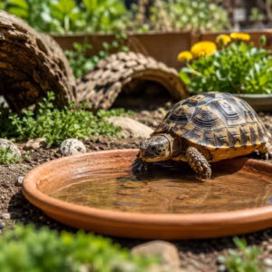 Schildkröten Wasserschale: Welche Größe wirklich sinnvoll ist 5 **Alt-Text:** Schildkröten Wasserschale in einem naturnahen Außengehege: Eine Landschildkröte trinkt aus einer flachen Tonschale mit sauberem Wasser, umgeben von Erde, Steinen, Pflanzen und Versteckmöglichkeiten bei sonnigem Wetter.