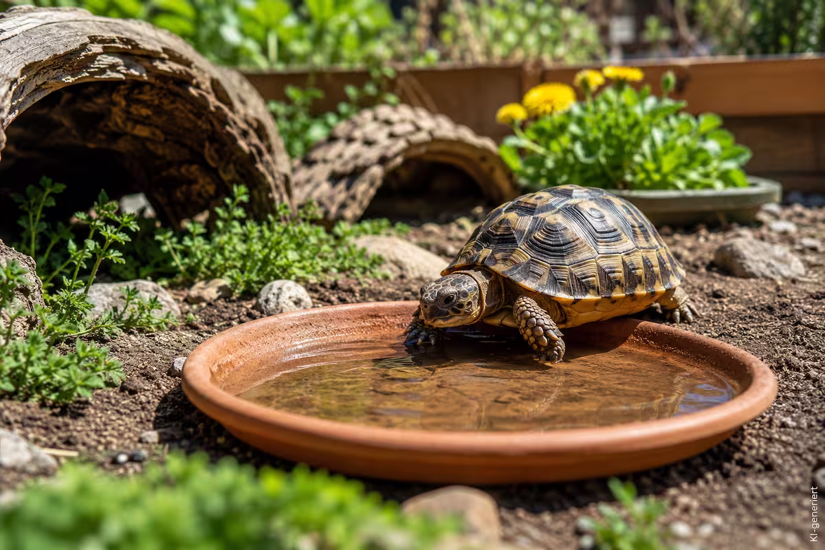 **Alt-Text:** Schildkröten Wasserschale in einem naturnahen Außengehege: Eine Landschildkröte trinkt aus einer flachen Tonschale mit sauberem Wasser, umgeben von Erde, Steinen, Pflanzen und Versteckmöglichkeiten bei sonnigem Wetter.