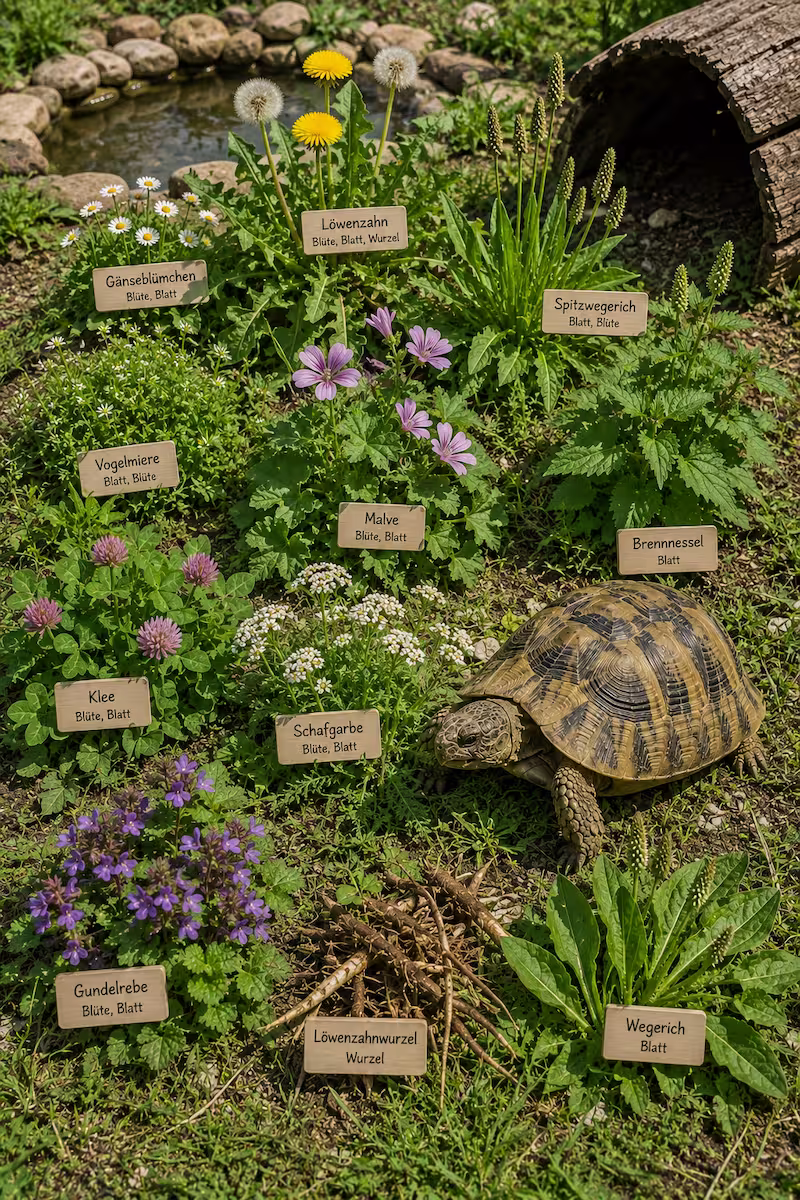 Übersicht verschiedener Wildkräuter neben einer Landschildkröte im naturnahen Garten