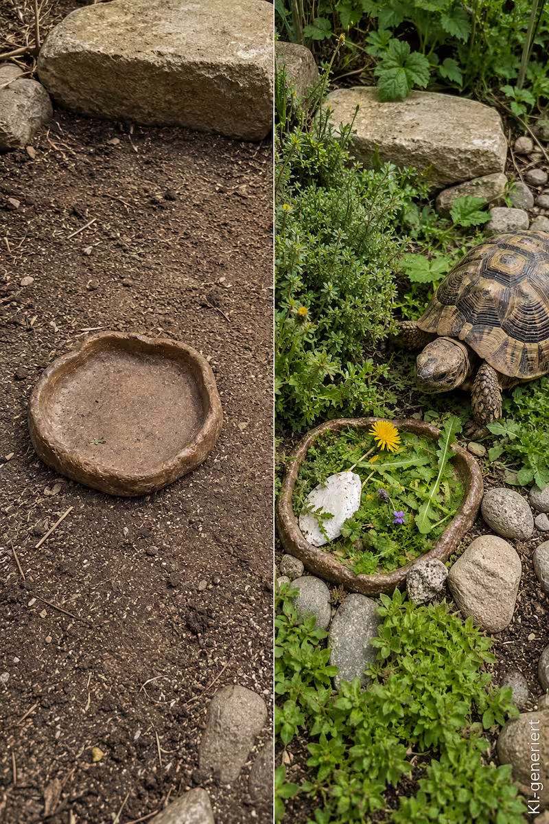 Vorher-Nachher-Motiv Futterplatzs Vorher-Nachher-Motiv eines Schildkrötengeheges, links kahle Erde mit einzelner Futterschale, rechts bepflanzte Futterecke mit Wildkräutern, Natursteinen und Schildkröte, realistische Gartenumgebung