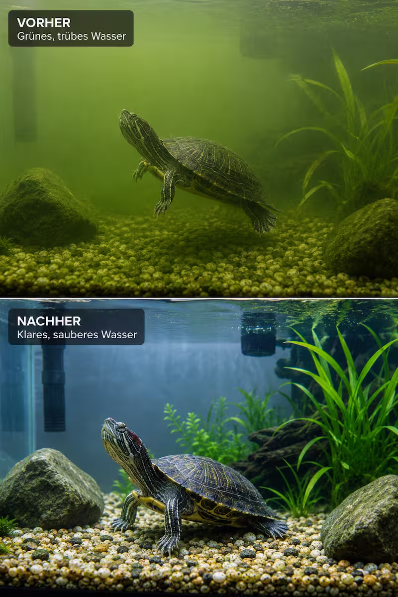 Vorher-Nachher-Schildkrötenaquariums Vorher-Nachher-Szene eines Schildkrötenaquariums mit grünem und anschließend klarem Wasser