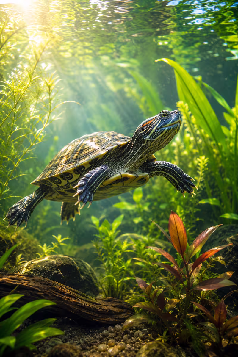 Wasserschildkröte schwimmt aktiv im Sommeraquarium, Wasserpflanzen und Sonnenlicht im Hintergrund