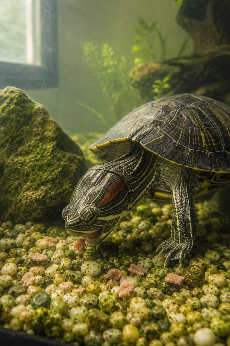 Wasserschildkröte beim Fressen Wasserschildkröte beim Fressen, kleine Futterreste auf dem Bodengrund