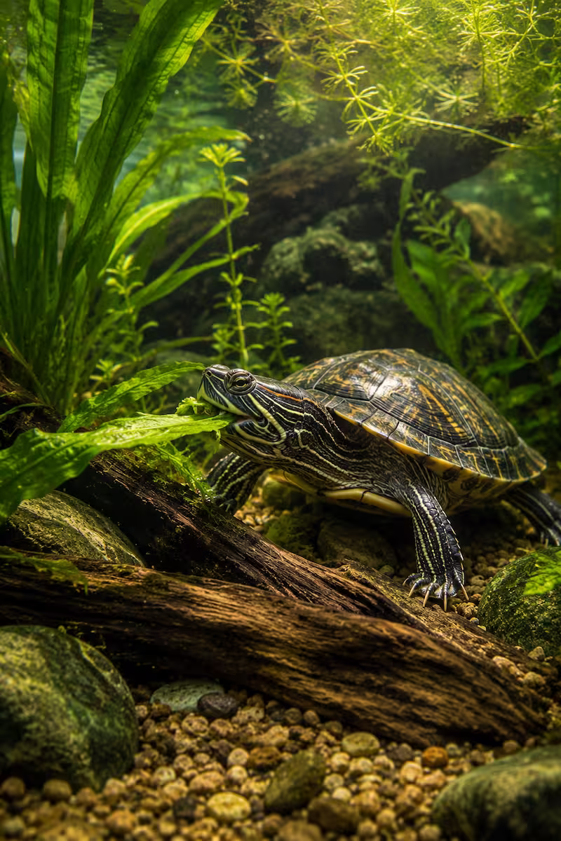 Wasserschildkröte frisst Wasserpflanzen in naturnah gestaltetem Aquarium