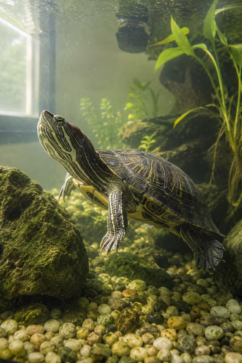 Wasserschildkröte in grünlichen Aquarium Wasserschildkröte in einem leicht grünlichen Aquarium, Tageslicht fällt durch ein Fenster