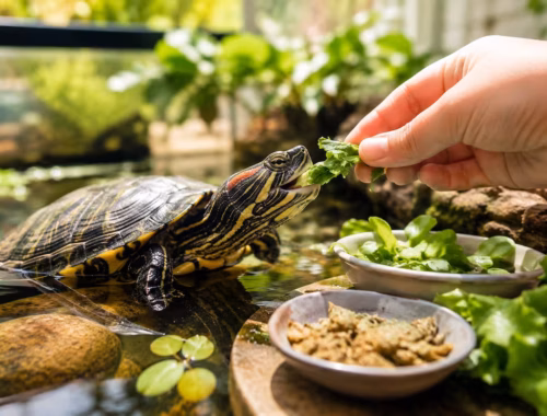 Wasserschildkröten Futter im Sommer: So vermeidest Du Fehler 10 Wasserschildkröten Futter im Sommer: Eine Wasserschildkröte frisst frisches Blattgemüse am Rand eines naturnah gestalteten Aquariums mit Wasserpflanzen, Sonnenlicht und verschiedenen Futterschalen.