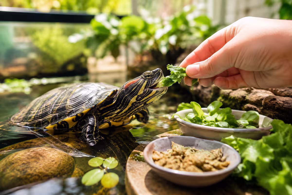 Wasserschildkröten Futter im Sommer: Eine Wasserschildkröte frisst frisches Blattgemüse am Rand eines naturnah gestalteten Aquariums mit Wasserpflanzen, Sonnenlicht und verschiedenen Futterschalen.