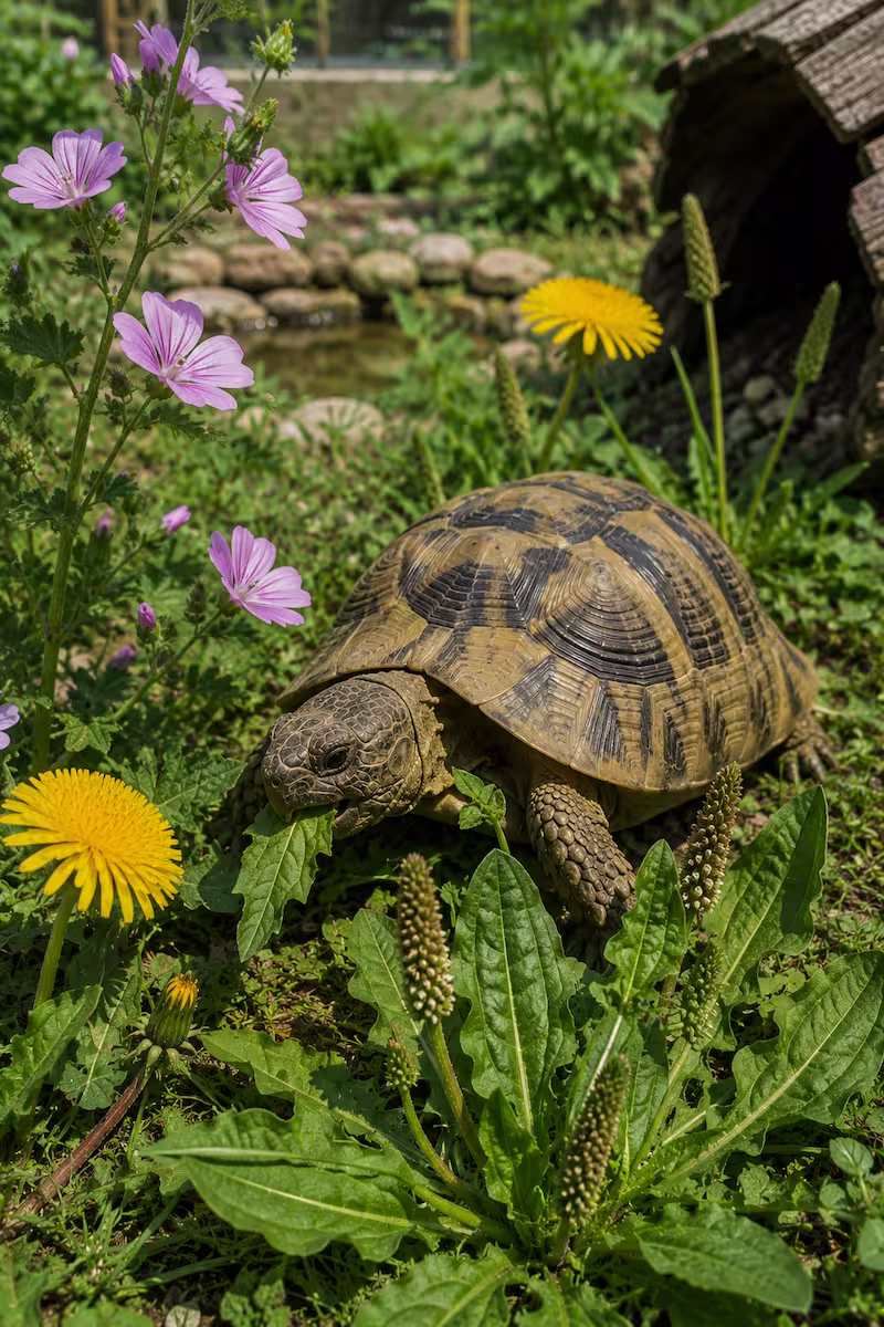 Landschildkröte zwischen Wegerich, Malve und Löwenzahn im Außengehege