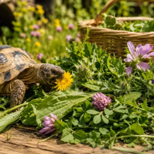 Landschildkröte frisst Löwenzahn zwischen Wegerich, Klee, Malve und weiteren Wildkräutern für Landschildkröten in einem naturnahen Außengehege mit frischen Futterpflanzen aus dem Garten.