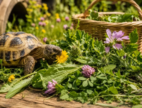 Landschildkröte frisst Löwenzahn zwischen Wegerich, Klee, Malve und weiteren Wildkräutern für Landschildkröten in einem naturnahen Außengehege mit frischen Futterpflanzen aus dem Garten.