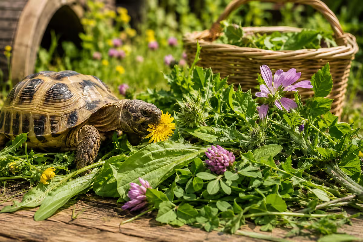 Landschildkröte frisst Löwenzahn zwischen Wegerich, Klee, Malve und weiteren Wildkräutern für Landschildkröten in einem naturnahen Außengehege mit frischen Futterpflanzen aus dem Garten.