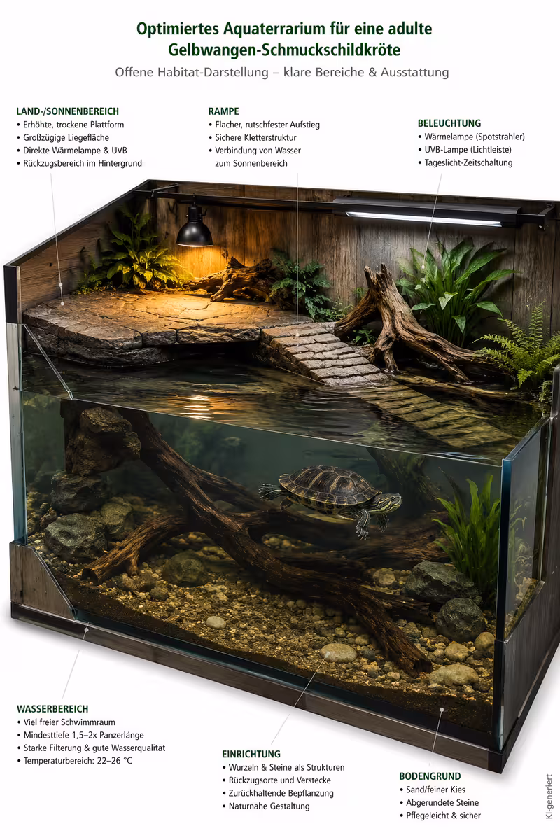 Ergänzendes Artikelbild zum Thema: Gelbwangen Schmuckschildkröte Aquarium: So planst Du es richtig