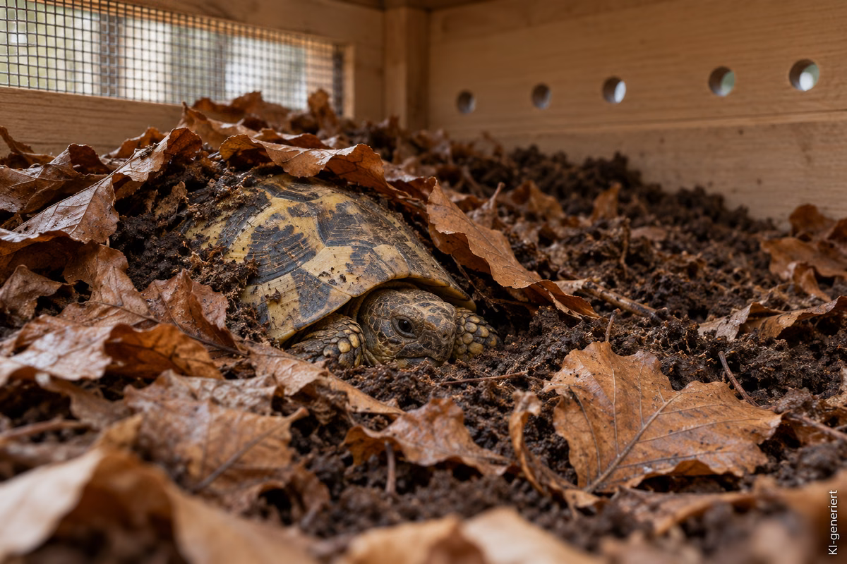 Griechische Landschildkröte zwischen lockerer Erde und Buchenlaub in einer belüfteten Überwinterungsbox.