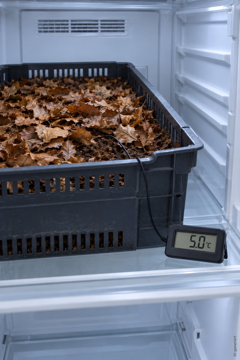 Digitales Thermometer zeigt 5,0 °C neben einer mit Erde und Laub gefüllten Überwinterungsbox im Kühlschrank.