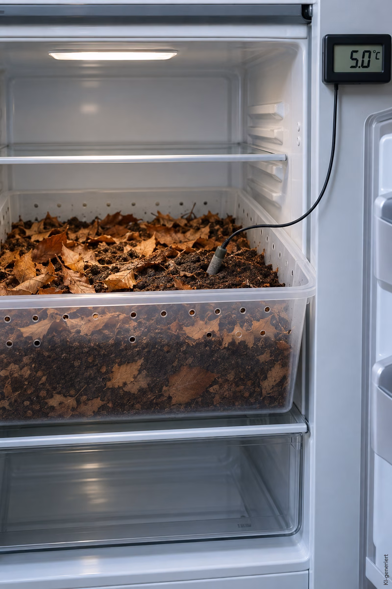 Winterstarre: Typische Fehler bei Schildkröten vermeiden 5 Temperaturfühler im Substrat einer Überwinterungsbox im Kühlschrank, Anzeige 5,0 °C.