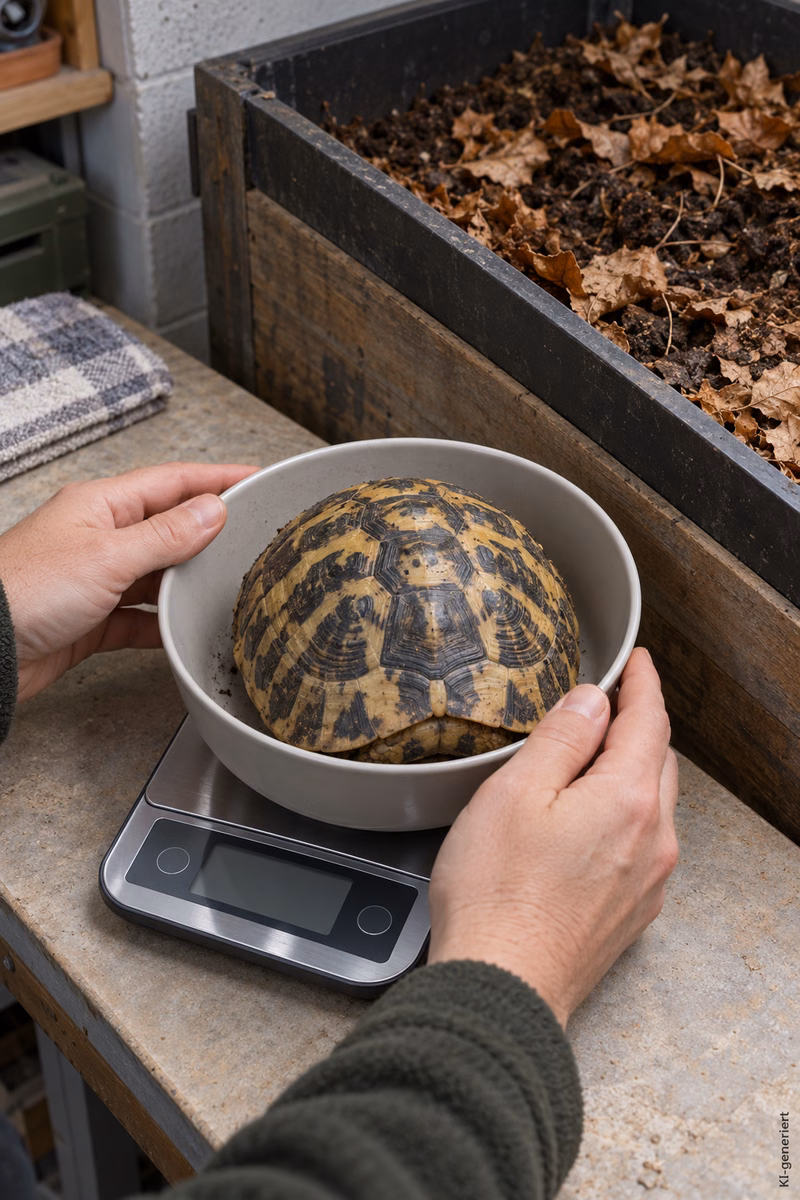 Landschildkröte mit eingezogenen Gliedmaßen in einer Schale auf einer digitalen Waage neben dem Winterquartier.